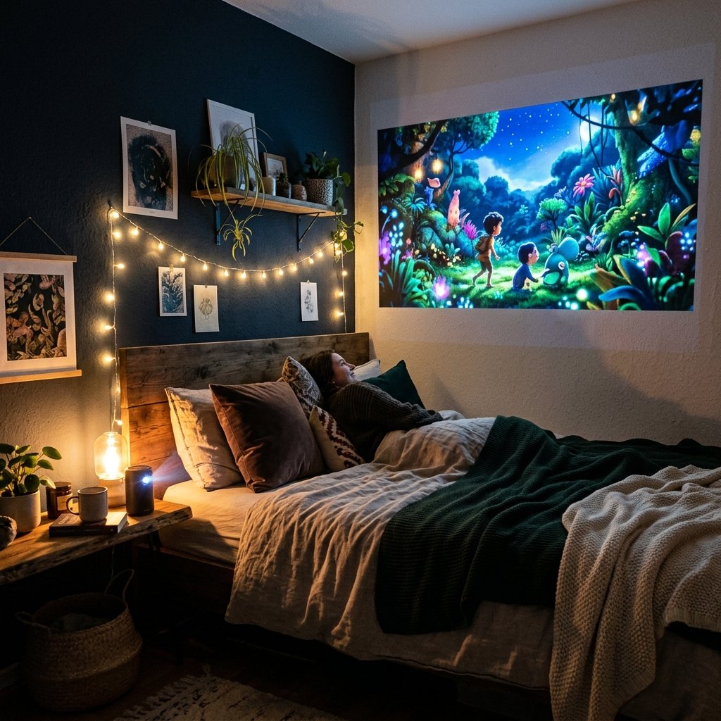 Projetor Smart transformando o quarto em cinema